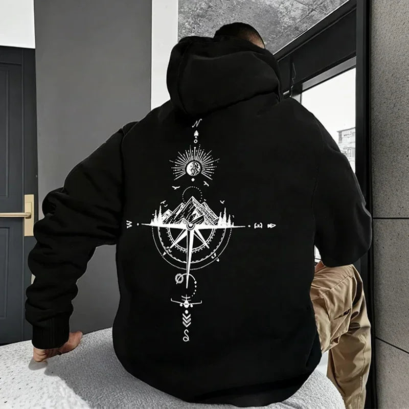 Vintage Compass Printing Hoodies for Men Hooded Long Sleeve Pullover Spring and Autumn Daily Casual Sports Tops Men's Clothes