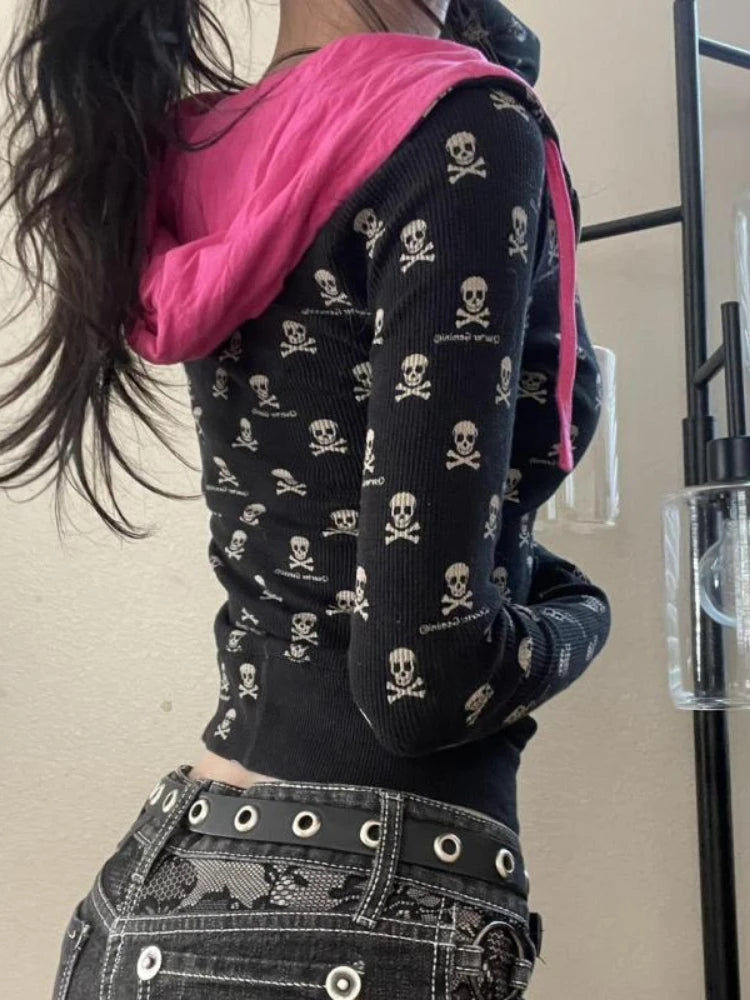 Vintage Punk Skull Print Harajuku Hoodies Women Casual Thin Black Hooded Jacket Y2k Aesthetic Crop Zipper Sweatshirt Kpop Coat