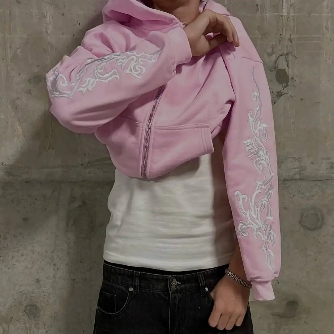 New Fashion High Street Pink Vine Pattern Embroidered Women Sports Hoodie Gothic Harajuku Casual Men and Women Hoodies