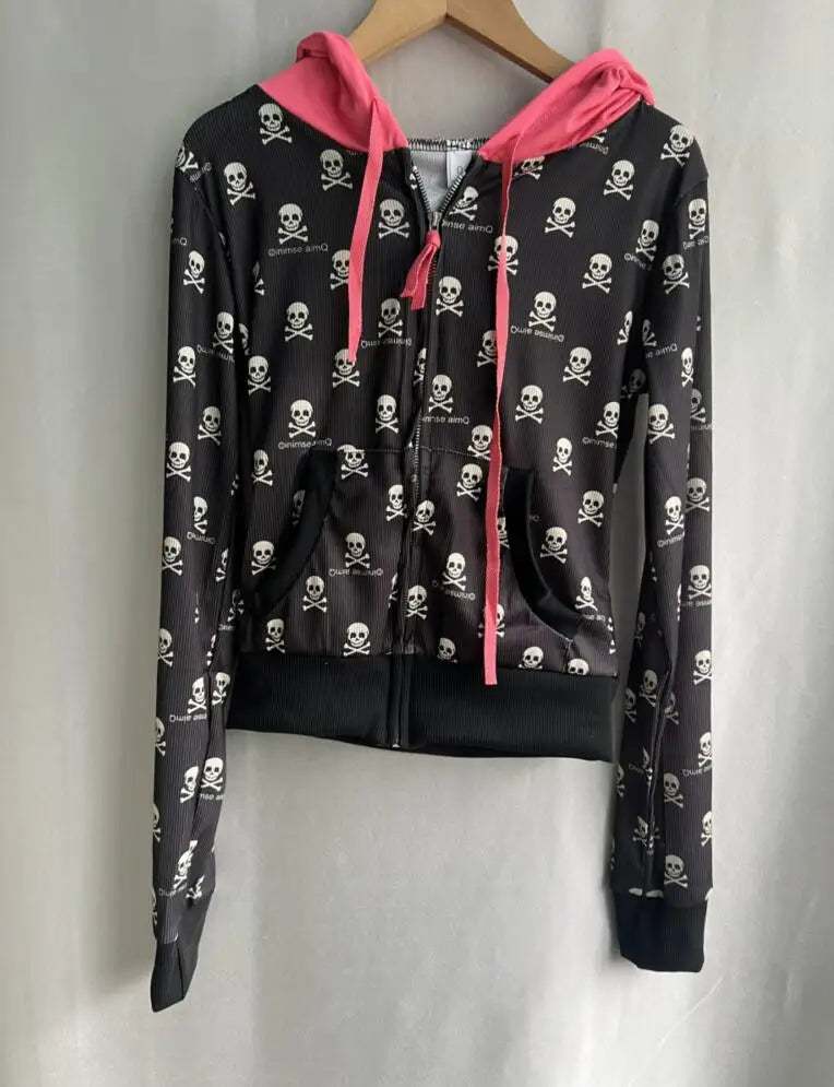 Vintage Punk Skull Print Harajuku Hoodies Women Casual Thin Black Hooded Jacket Y2k Aesthetic Crop Zipper Sweatshirt Kpop Coat