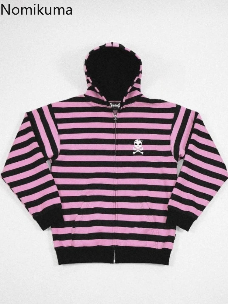 Streetwear Women Hoodies Y2k Tops 2025 Ropa Mujer Fashion Striped Hooded Sweatshirts Jackets Skull Casual Fashion Goth Hoodie