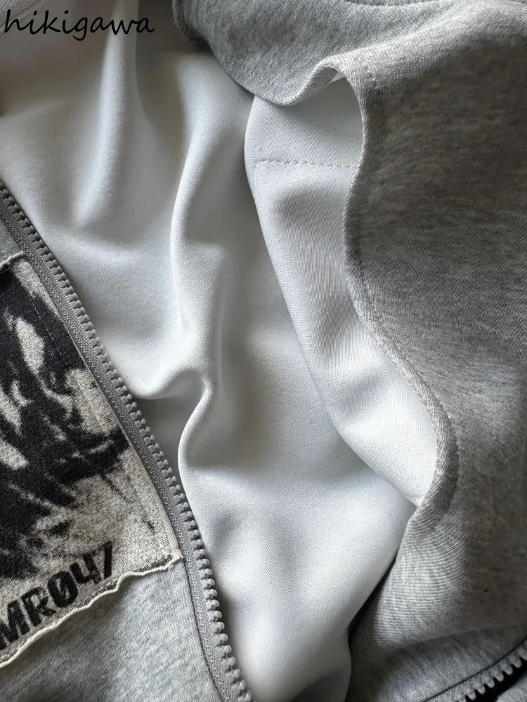 Hooded Sweatshirts Women's Clothing Retro Patchwork Portrait Print Jackets Y2k Tops 2025 Ropa Mujer Casual Fashion Hoodies Coats