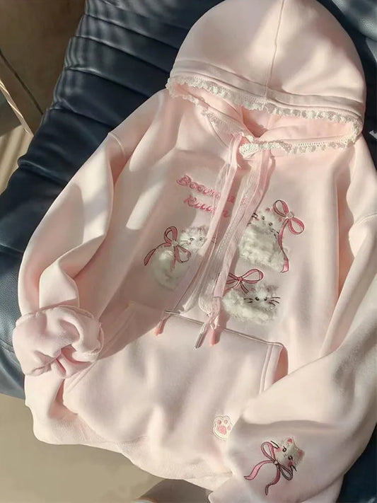 Cute Cartoon Bow Hoodies Women Loose Sweet Lace Patchwork Kawaii Sweatshirts Japan Preppy Style Spring Long Sleeve Pink Tops New