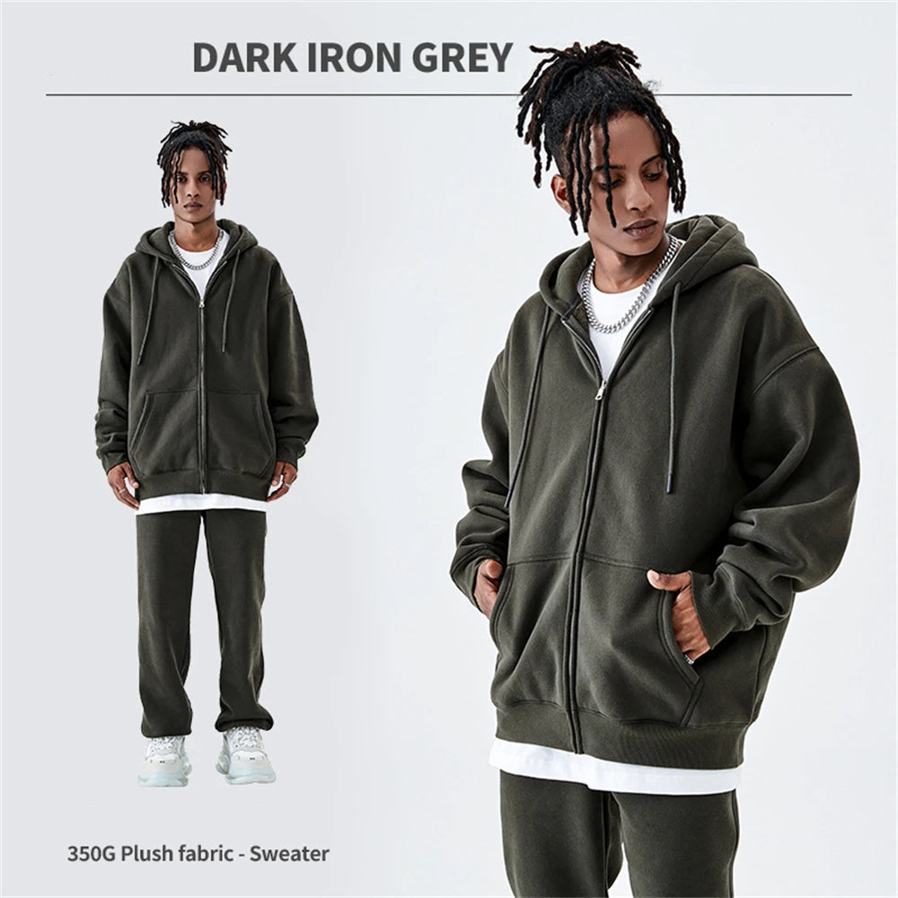 ZODF Basic Winter Men Fleece Zipper Hoodies Unisex Casual Loose 350gsm Warm Solid Hooded Sweatshirts Coats 18 Colors HY0726