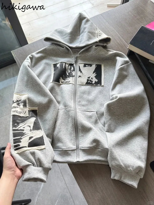 Hooded Sweatshirts Women's Clothing Retro Patchwork Portrait Print Jackets Y2k Tops 2025 Ropa Mujer Casual Fashion Hoodies Coats
