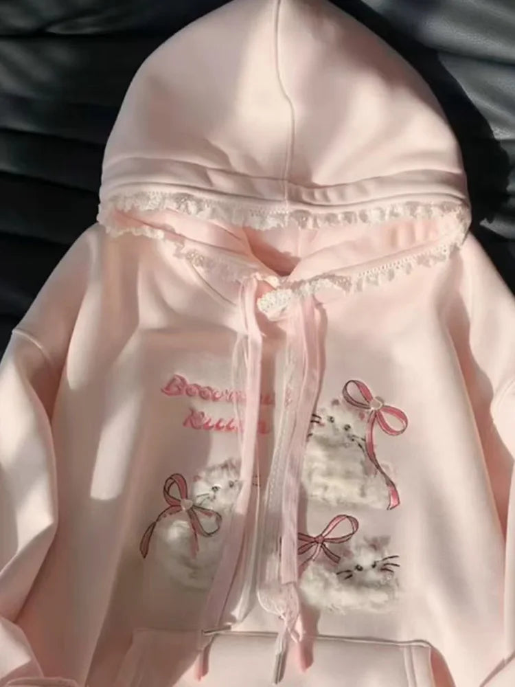 Cute Cartoon Bow Hoodies Women Loose Sweet Lace Patchwork Kawaii Sweatshirts Japan Preppy Style Spring Long Sleeve Pink Tops New