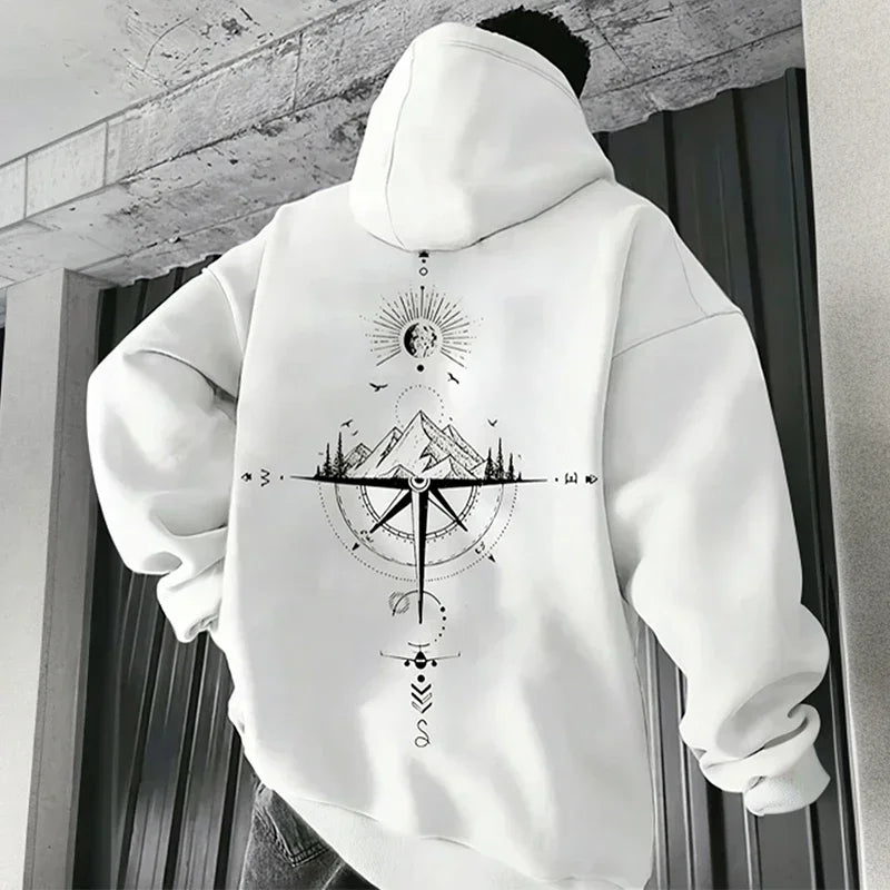 Vintage Compass Printing Hoodies for Men Hooded Long Sleeve Pullover Spring and Autumn Daily Casual Sports Tops Men's Clothes