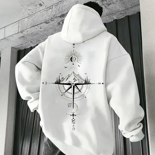 Vintage Compass Printing Hoodies for Men Hooded Long Sleeve Pullover Spring and Autumn Daily Casual Sports Tops Men's Clothes