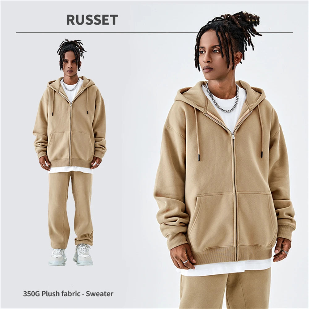 ZODF Basic Winter Men Fleece Zipper Hoodies Unisex Casual Loose 350gsm Warm Solid Hooded Sweatshirts Coats 18 Colors HY0726