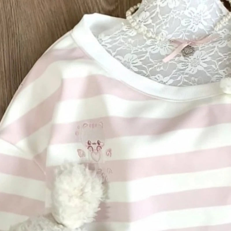 Japanese Skew Collar Stripe Hoodies Autumn Harajuku Kawaii Cartoon Printing Sweatshirt Casual Loose Y2k Aesthetic Streetwear