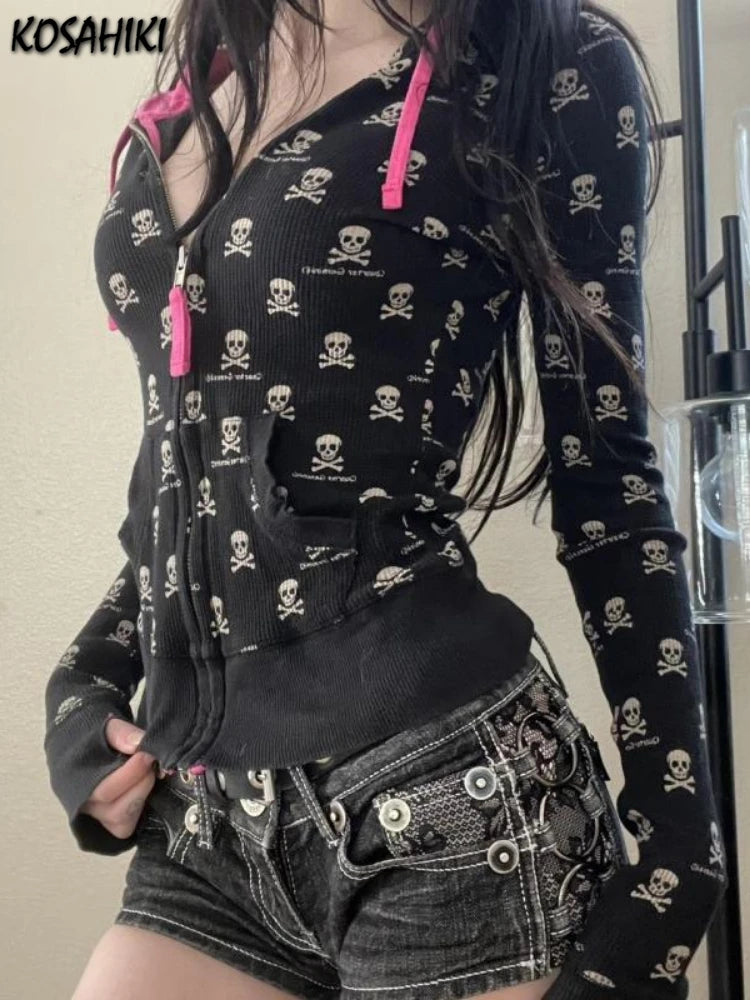 Vintage Punk Skull Print Harajuku Hoodies Women Casual Thin Black Hooded Jacket Y2k Aesthetic Crop Zipper Sweatshirt Kpop Coat