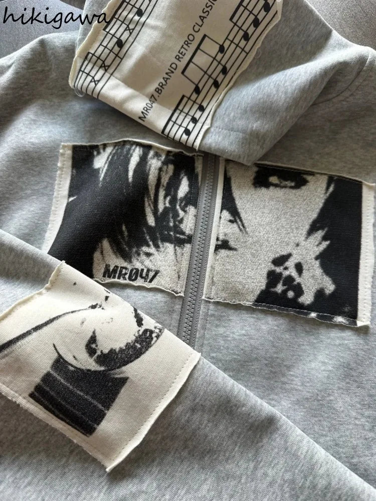 Hooded Sweatshirts Women's Clothing Retro Patchwork Portrait Print Jackets Y2k Tops 2025 Ropa Mujer Casual Fashion Hoodies Coats