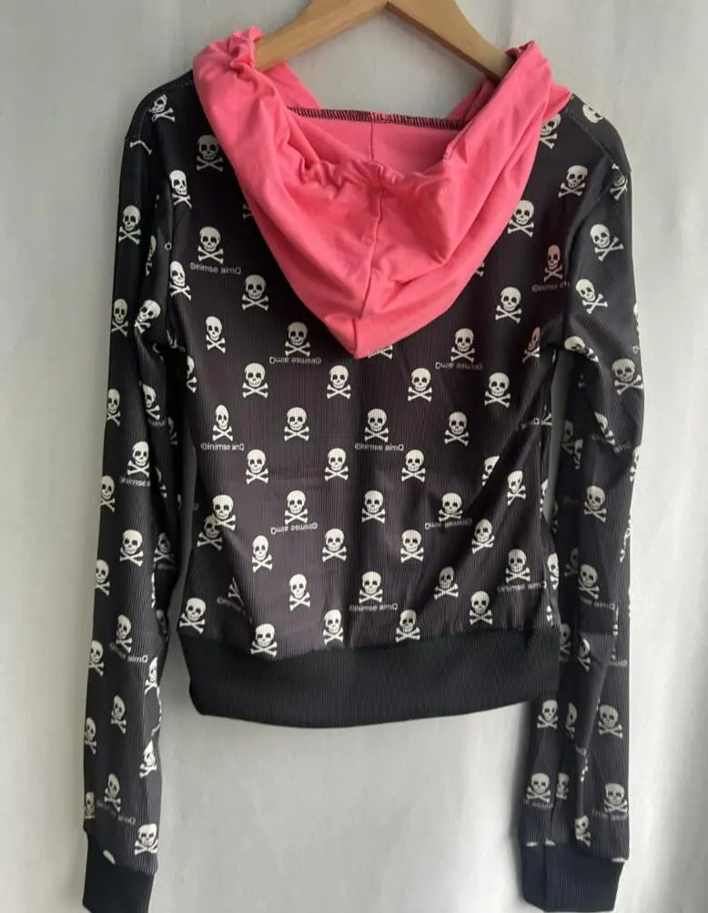 Vintage Punk Skull Print Harajuku Hoodies Women Casual Thin Black Hooded Jacket Y2k Aesthetic Crop Zipper Sweatshirt Kpop Coat