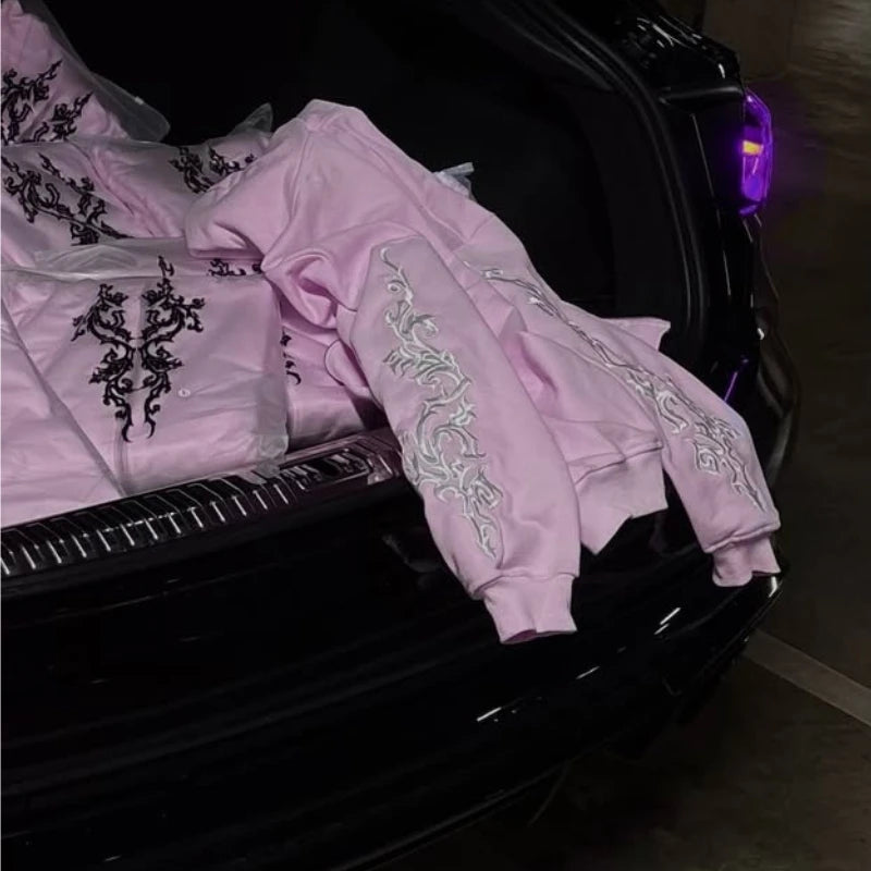 New Fashion High Street Pink Vine Pattern Embroidered Women Sports Hoodie Gothic Harajuku Casual Men and Women Hoodies