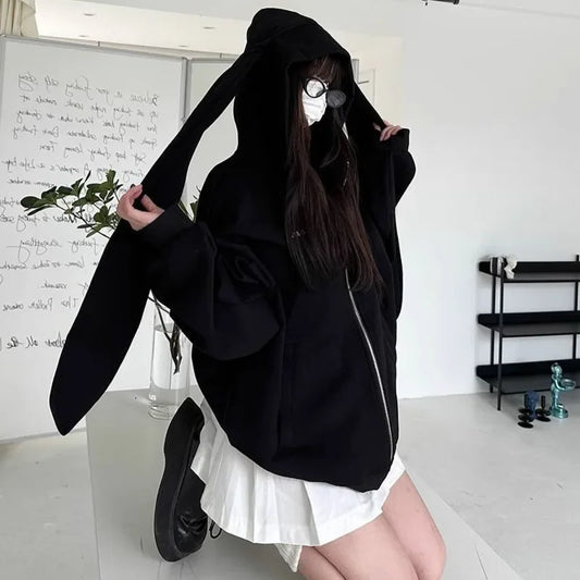 Y2K Style Fashion Rabbit Oversized Zip-up Hoodies 2025 Autumn Kawaii Bunny Big Extra Ears Hoodie Long Sleeve Hooded Sweatshirt