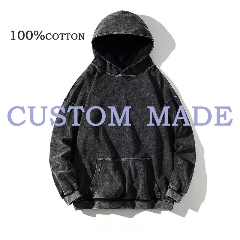 HAI Customizable Retro Washed Hoodies 100% Cotton Tops Black Acid Vintage Hooded Sweatshirts Oversize Hip Hop Male Pullover
