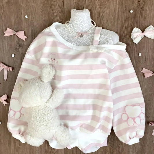 Japanese Skew Collar Stripe Hoodies Autumn Harajuku Kawaii Cartoon Printing Sweatshirt Casual Loose Y2k Aesthetic Streetwear
