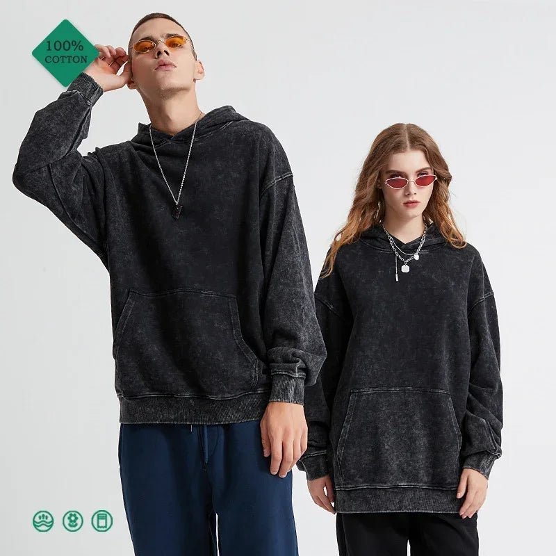 HAI Customizable Retro Washed Hoodies 100% Cotton Tops Black Acid Vintage Hooded Sweatshirts Oversize Hip Hop Male Pullover