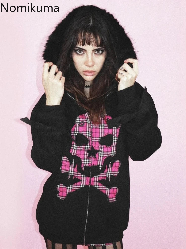 Streetwear Women Hoodies Y2k Tops 2025 Ropa Mujer Fashion Striped Hooded Sweatshirts Jackets Skull Casual Fashion Goth Hoodie