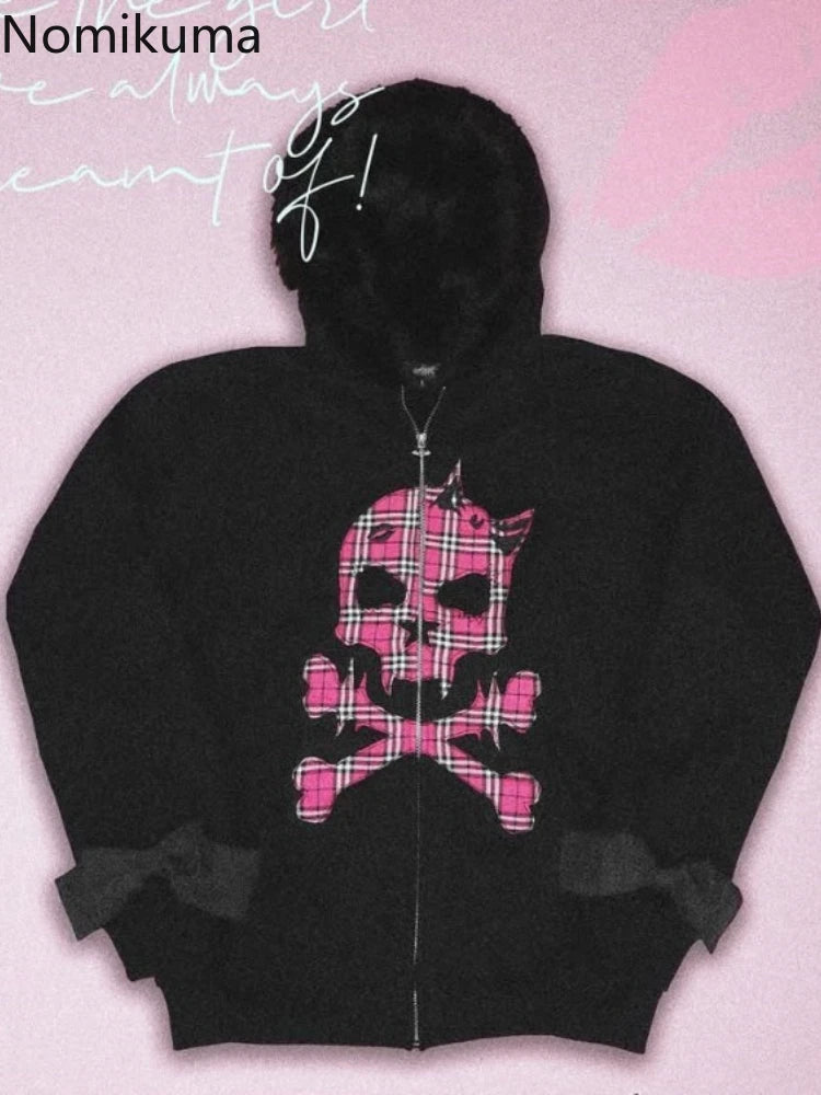 Streetwear Women Hoodies Y2k Tops 2025 Ropa Mujer Fashion Striped Hooded Sweatshirts Jackets Skull Casual Fashion Goth Hoodie