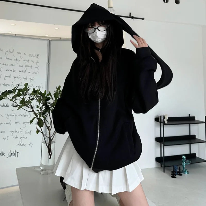 Y2K Style Fashion Rabbit Oversized Zip-up Hoodies 2025 Autumn Kawaii Bunny Big Extra Ears Hoodie Long Sleeve Hooded Sweatshirt
