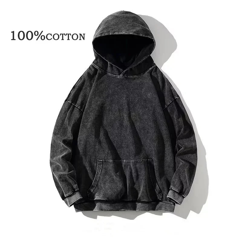 HAI Customizable Retro Washed Hoodies 100% Cotton Tops Black Acid Vintage Hooded Sweatshirts Oversize Hip Hop Male Pullover