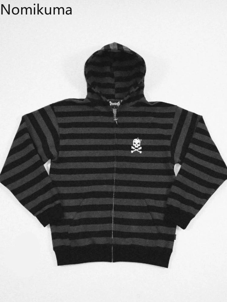 Streetwear Women Hoodies Y2k Tops 2025 Ropa Mujer Fashion Striped Hooded Sweatshirts Jackets Skull Casual Fashion Goth Hoodie