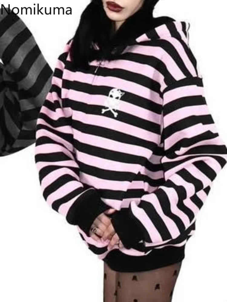 Streetwear Women Hoodies Y2k Tops 2025 Ropa Mujer Fashion Striped Hooded Sweatshirts Jackets Skull Casual Fashion Goth Hoodie