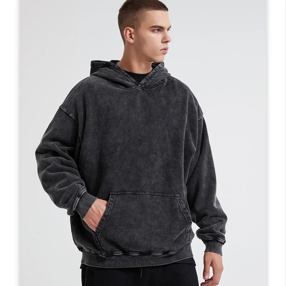 HAI Customizable Retro Washed Hoodies 100% Cotton Tops Black Acid Vintage Hooded Sweatshirts Oversize Hip Hop Male Pullover