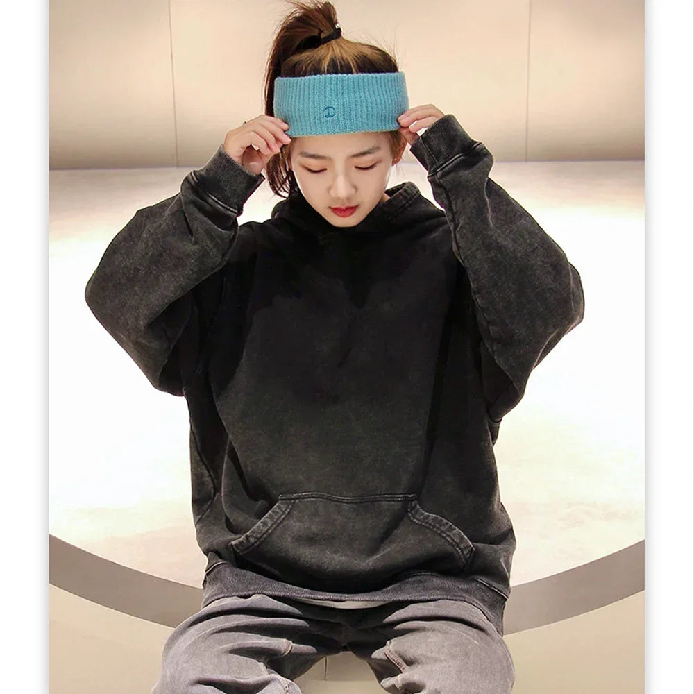 HAI Customizable Retro Washed Hoodies 100% Cotton Tops Black Acid Vintage Hooded Sweatshirts Oversize Hip Hop Male Pullover